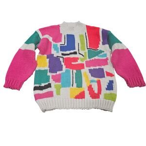 Vintage One Step Up Colorblock Abstract Geometric Knit Sweater Medium 80s 90s
